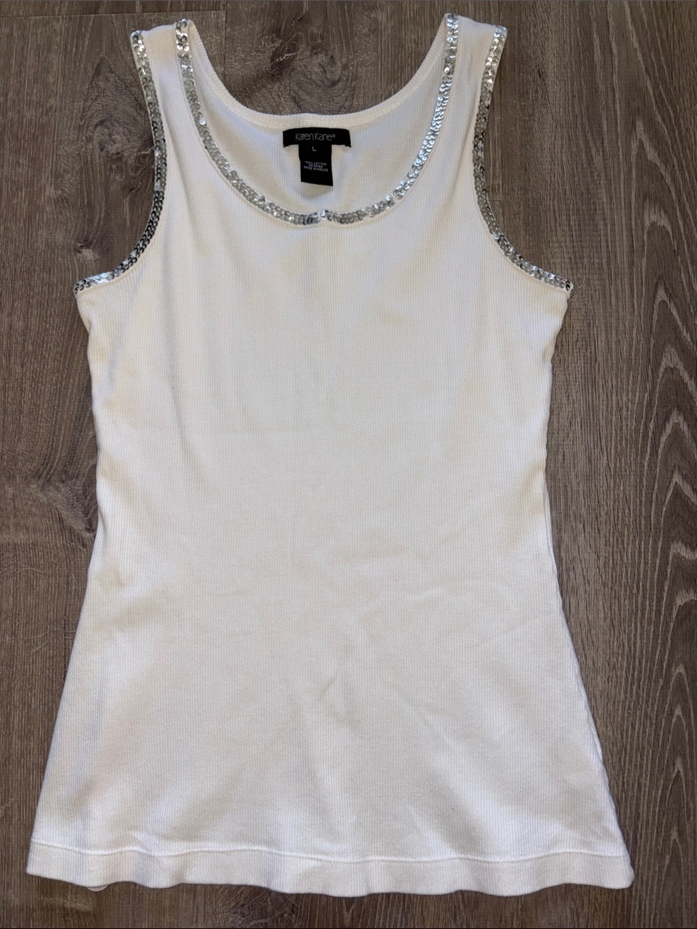 Karen Kane White Tank Top with Silver Sequin Trim